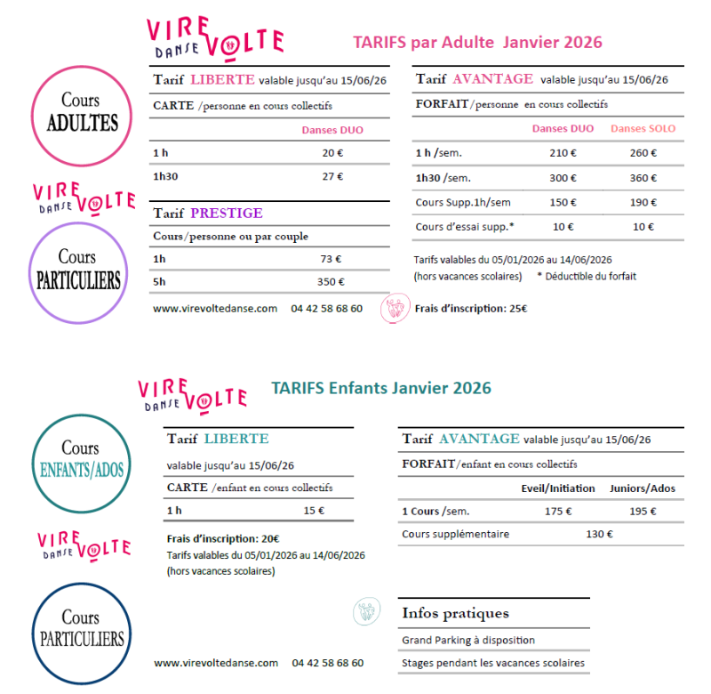 Tarifs des cours de danse Virevolte Janvier à Juin 2026 à Aix en Provence Les Milles (13)